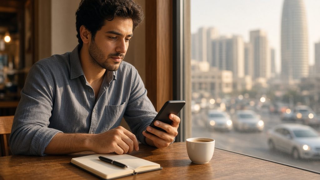 شاب يجلس في مقهى قرب النافذة ويمسك هاتفه ويفكر في كتابة ملفه الشخصي على تطبيق تعارف