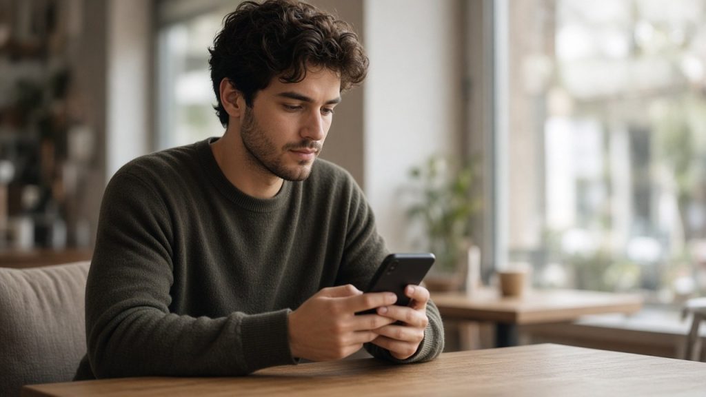 رجل يمسك هاتفا في مقهى ينظر إلى الشاشة بخصوصية