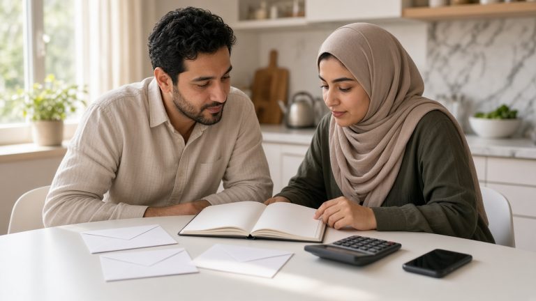 زوجان يجلسان إلى طاولة المطبخ ويخططان لميزانية الأسرة الشهرية بأظرف ودفتر ملاحظات