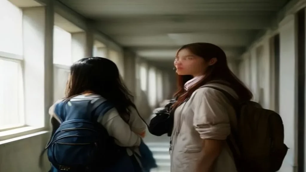 طلاب يتحدثون في ممر جامعي ويحملون حقائب الظهر في ضوء طبيعي